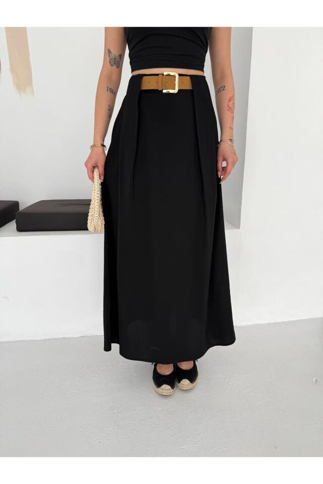 TESETTÜR ETEK-PİLEDEN KEMERLİ / DOKULU KUMAŞ MAXİ BOY ETEK 6242 XL - SİYAH
