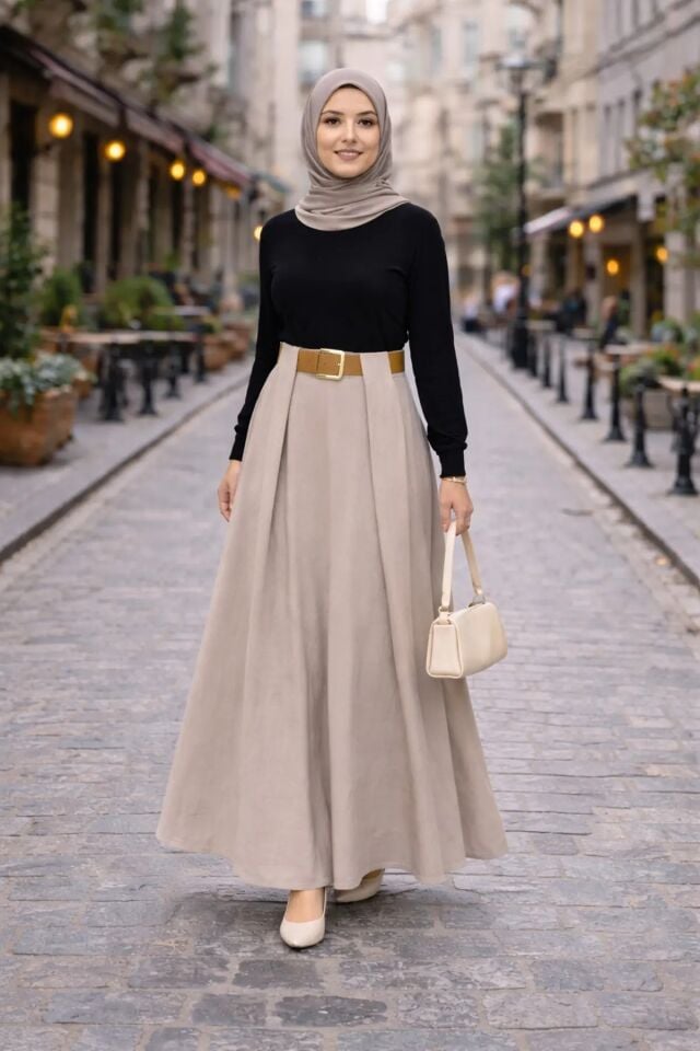 TESETTÜR ETEK-PİLEDEN KEMERLİ / DOKULU KUMAŞ MAXİ BOY ETEK 6242 XL - BEJ