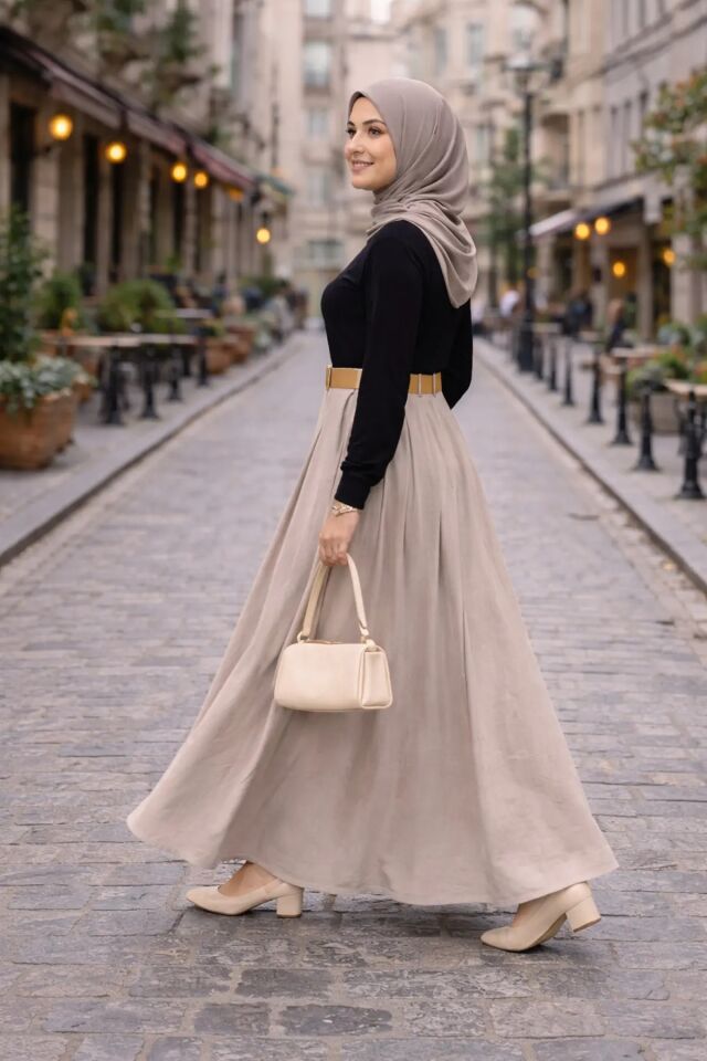 TESETTÜR ETEK-PİLEDEN KEMERLİ / DOKULU KUMAŞ MAXİ BOY ETEK 6242 XL - BEJ