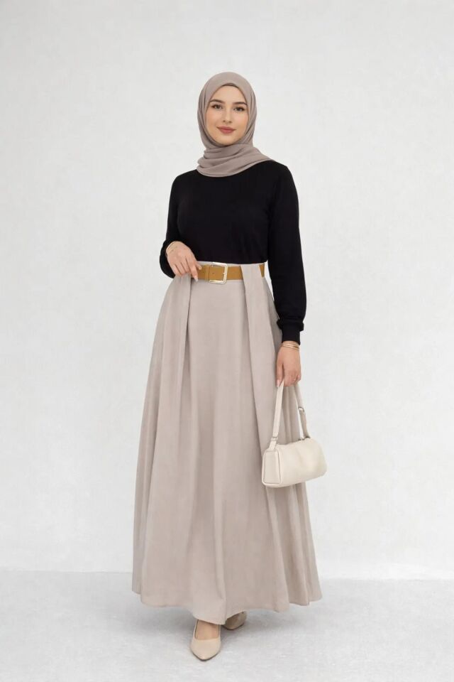 TESETTÜR ETEK-PİLEDEN KEMERLİ / DOKULU KUMAŞ MAXİ BOY ETEK 6242 XL - BEJ