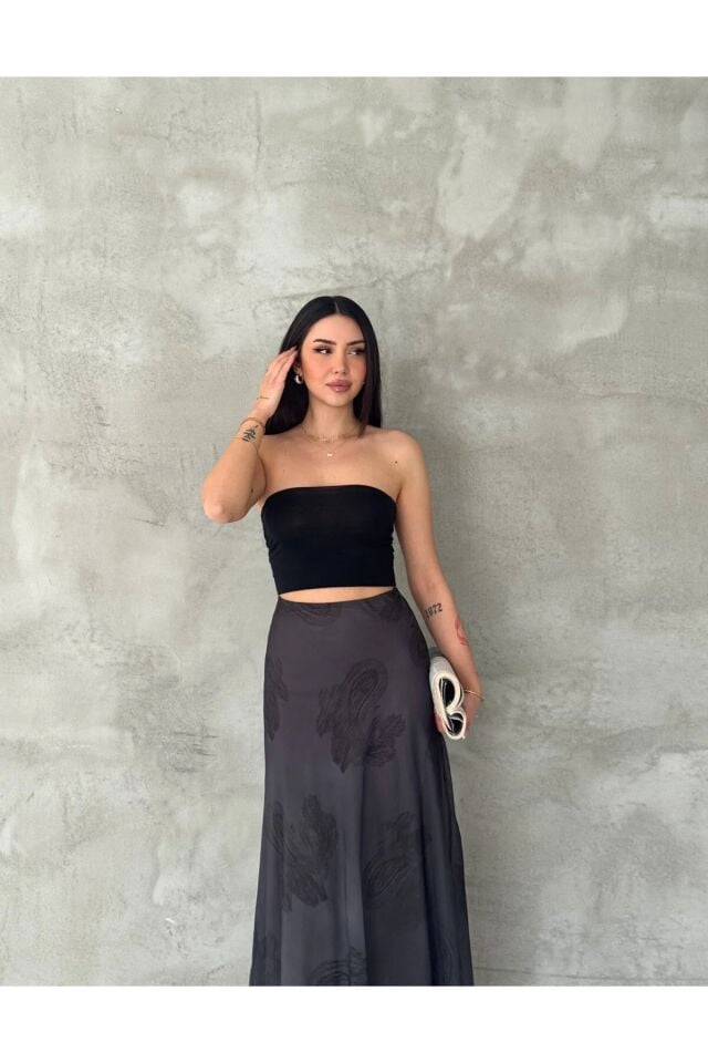 Kadın Desenli İç Astarlı Şifon Maxi Tesettür Etek Yüksek Bel Uzun Etek 6240 fırçadesenli