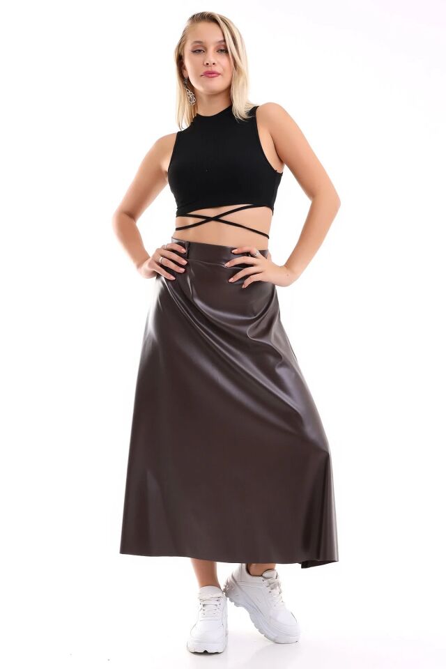 Kadın Suni Deri Uzun Kloş Etek