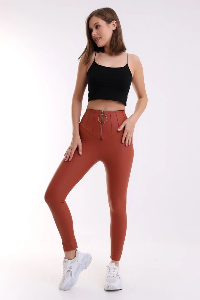 Halka Fermuar Detaylı Mat Suni Deri Tayt 2037 XL - TURUNCU