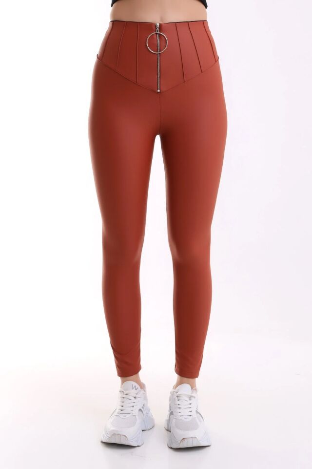 Halka Fermuar Detaylı Mat Suni Deri Tayt 2037 XL - TURUNCU