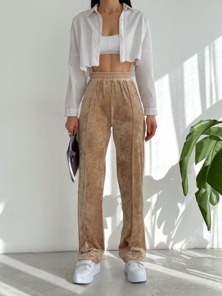 Kadın Geniş Paça Max Boy Kadife Pantolon 2XL - BEJ