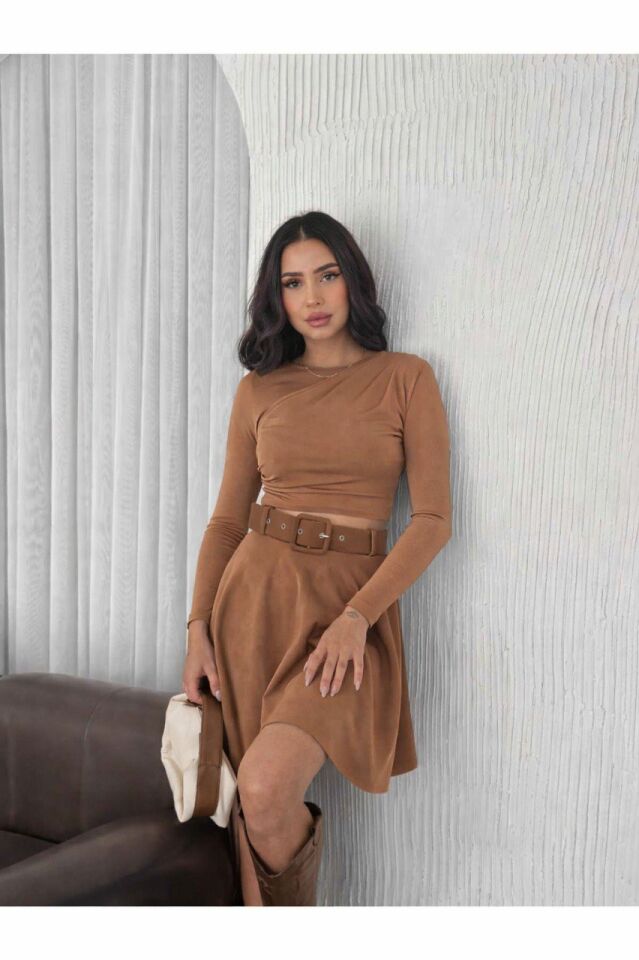 Kadın Kemerli Kloş Süet Etek 2423 XL - TABA