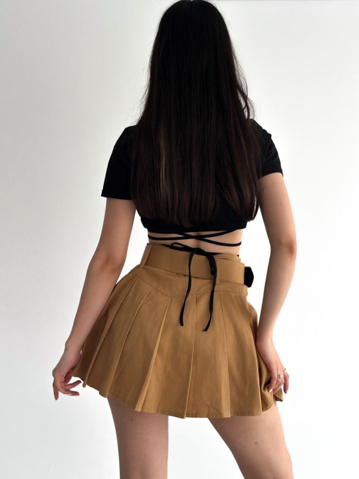 PİLELİ KEMERLİ ETEK İÇDEN ŞORTLU / PLEATED BELTED SKIRT WITH INNER SHORTS XL - TABA