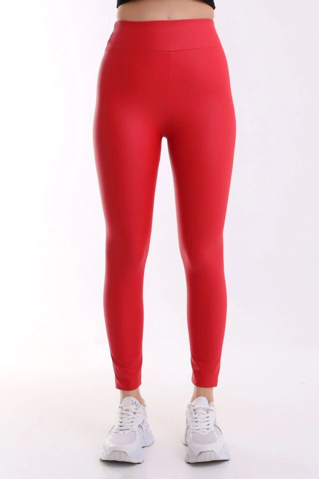 İçi Şardonlu Yüksek Bel Mat Suni Deri Tayt 1545 XS - KIRMIZI