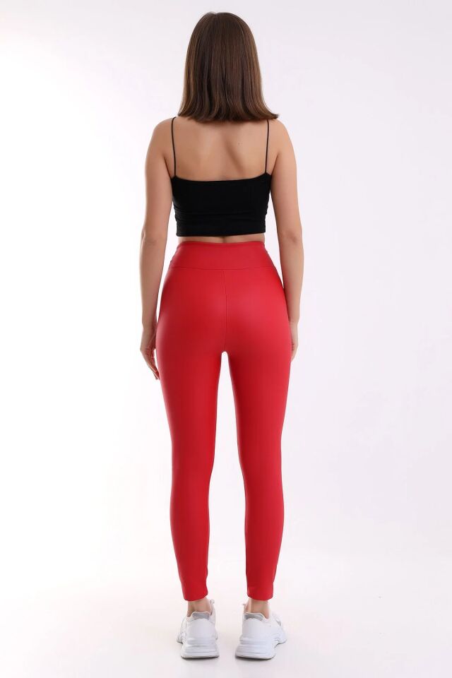 İçi Şardonlu Yüksek Bel Mat Suni Deri Tayt 1545 XS - KIRMIZI