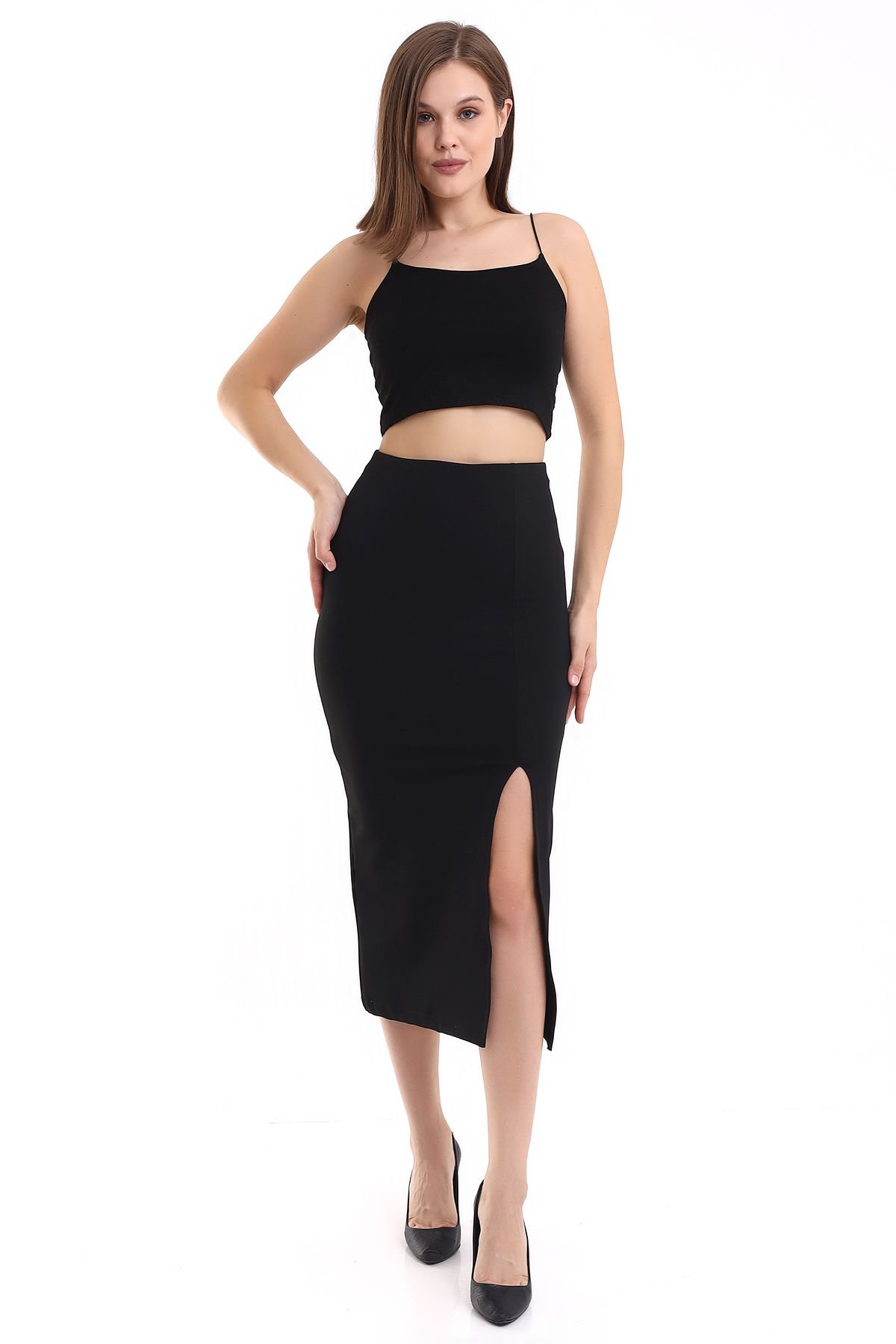 Kadın Önden Yırmaçlı Midi Boy Likralı Etek