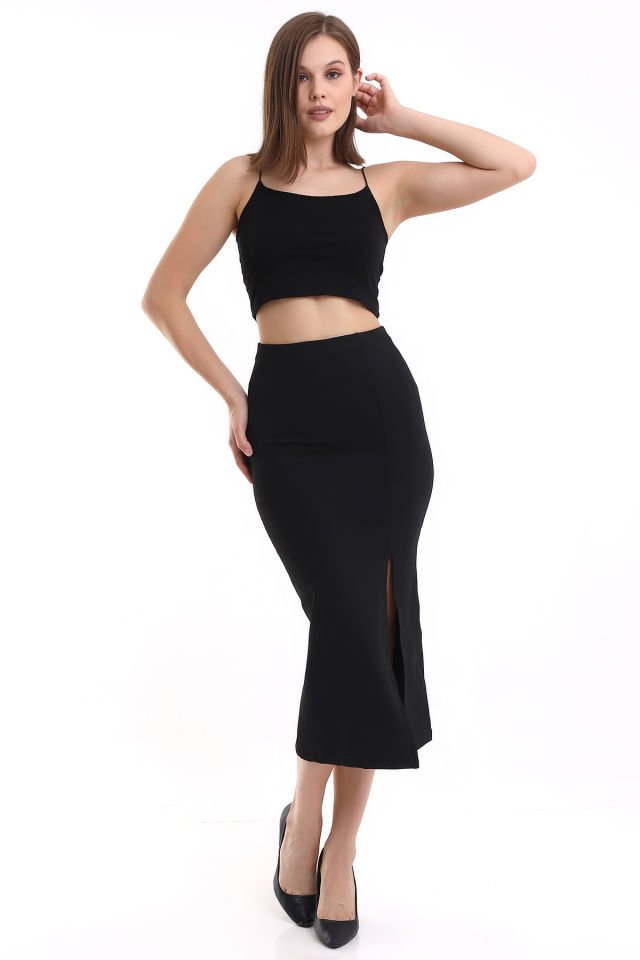 Kadın Önden Yırmaçlı Midi Boy Likralı Etek 2XL - SİYAH