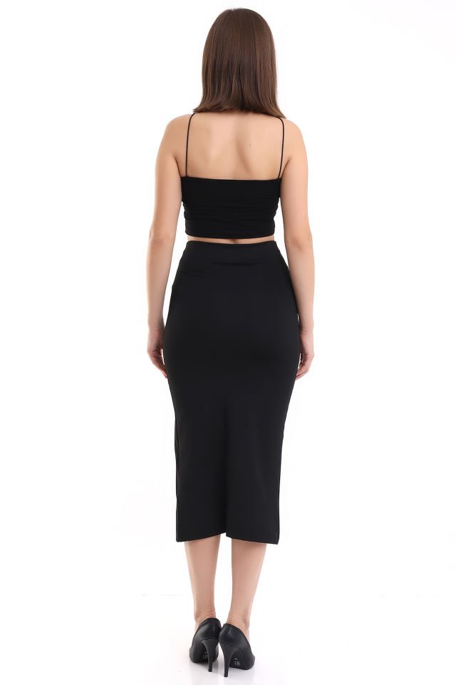 Kadın Önden Yırmaçlı Midi Boy Likralı Etek 2XL - SİYAH