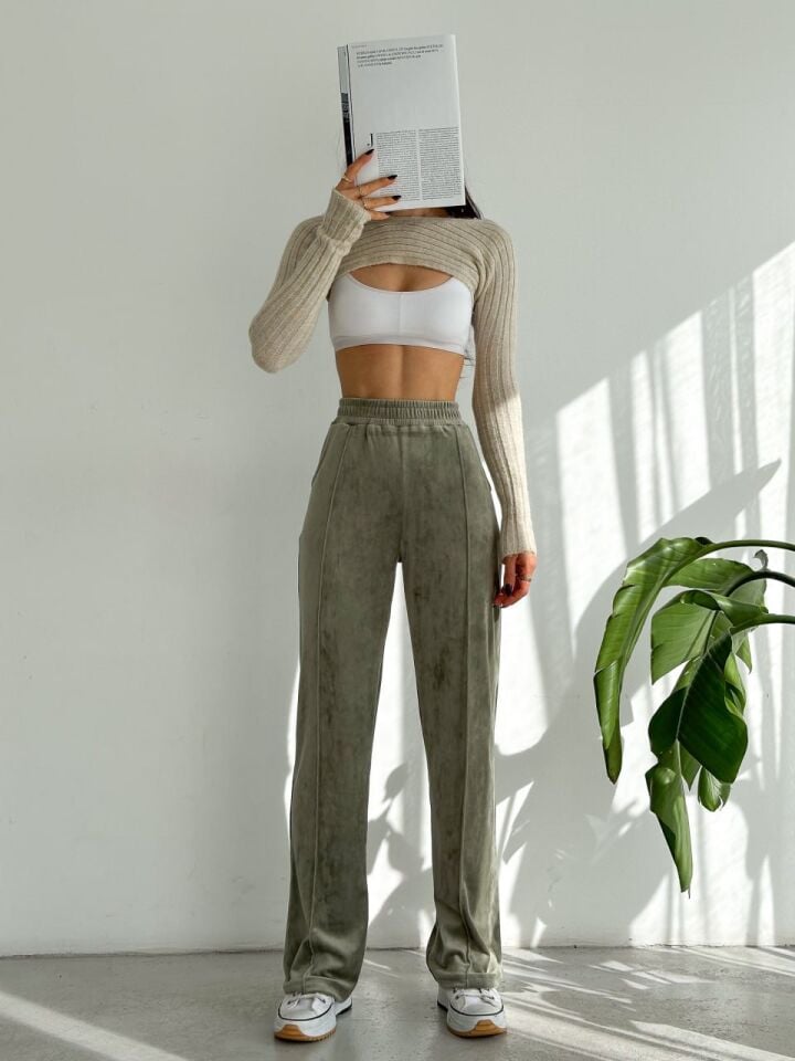 Kadın Geniş Paça Max Boy Kadife Pantolon 2251 XL - ÇAĞLA YEŞİLİ