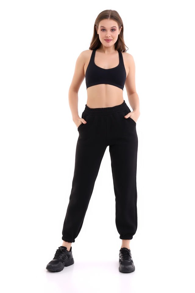 Kadın İçi Şardonlu 3'iplik  Jogger Kalın Kumaş Eşofman Altı S - SİYAH