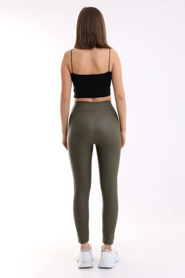 İçi Şardonlu Yüksek Bel Mat Suni Deri Tayt 1545 XS - HAKİ