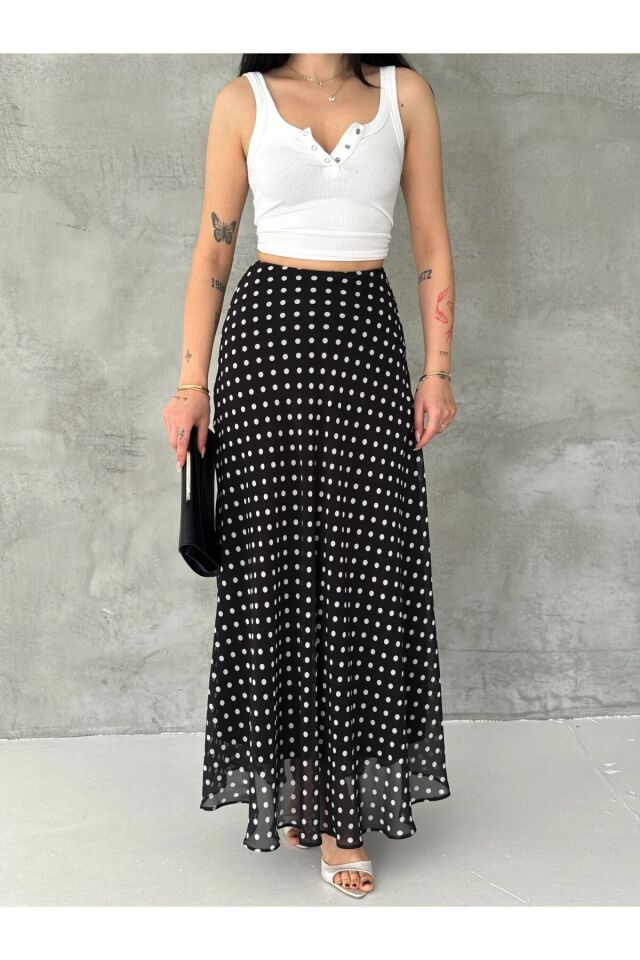Kadın Puantiyeli Şifon Maxi Boy Etek - Yandan Fermuarlı Astarlı 6959