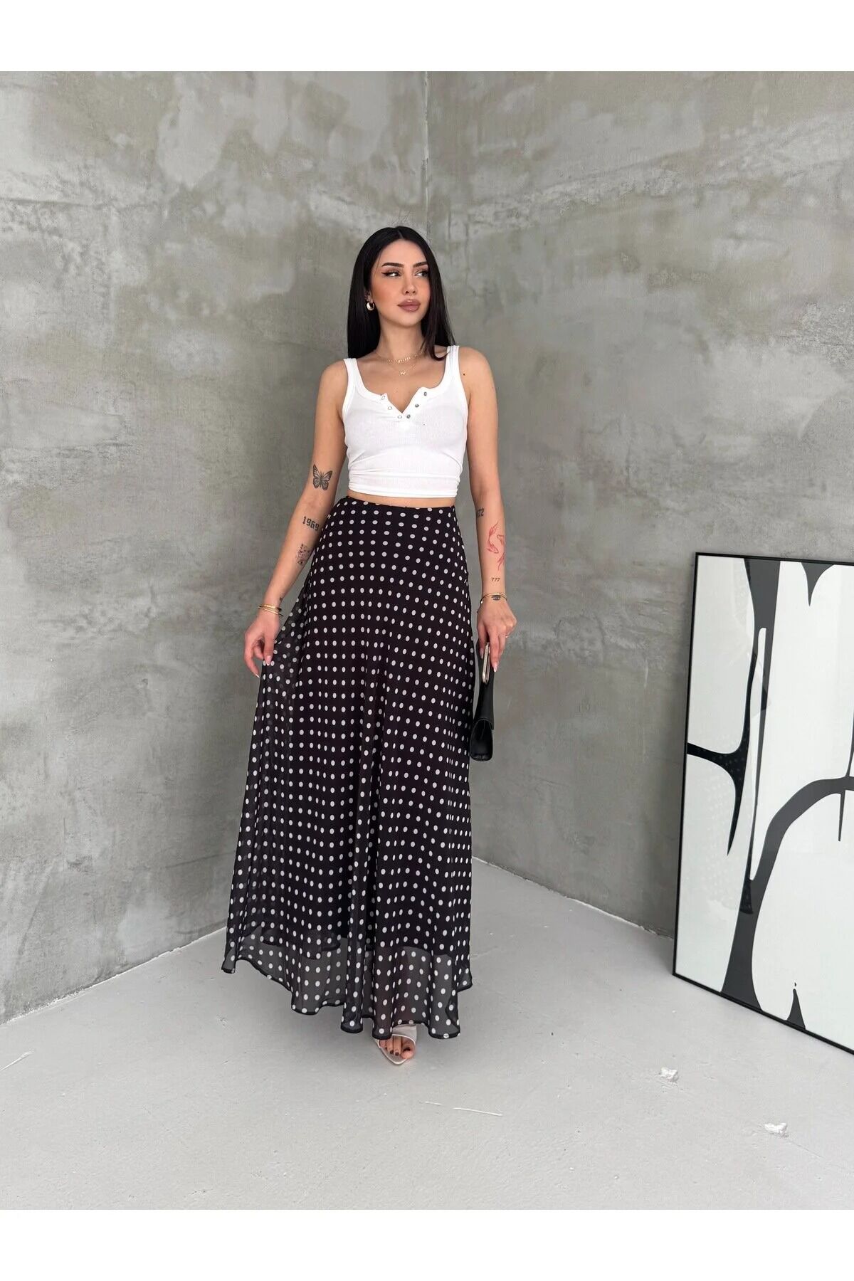 Kadın Puantiyeli Şifon Maxi Boy Etek - Yandan Fermuarlı Astarlı 6240