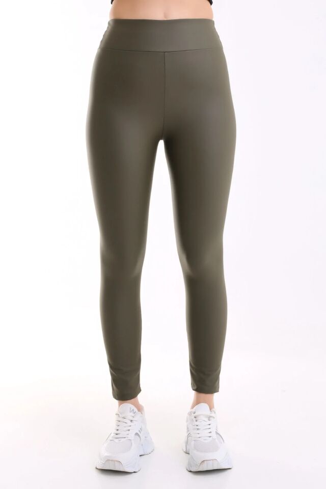 İçi Şardonlu Yüksek Bel Mat Suni Deri Tayt 1545 M - HAKİ