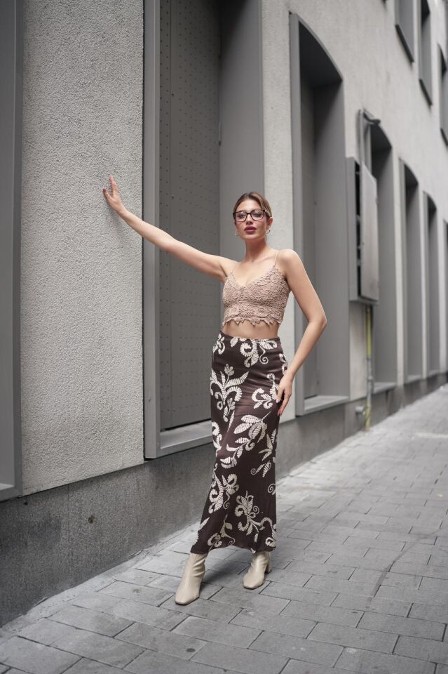 Kadın Uzun Desenli Saten Etek L - KOD-23