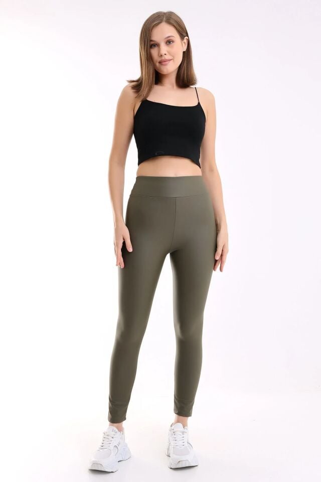 İçi Şardonlu Yüksek Bel Mat Suni Deri Tayt XL - HAKİ