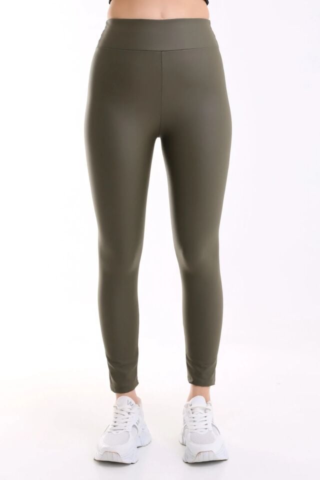 İçi Şardonlu Yüksek Bel Mat Suni Deri Tayt XL - HAKİ