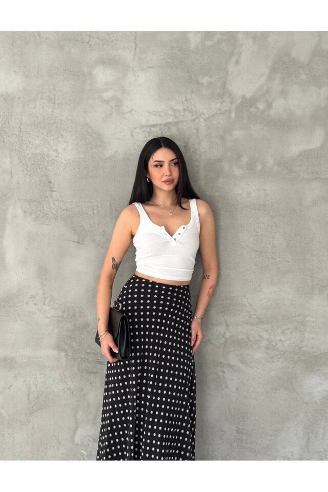 Kadın Puantiyeli Şifon Maxi Boy Etek - Yandan Fermuarlı Astarlı 6240 XL - SİYAH