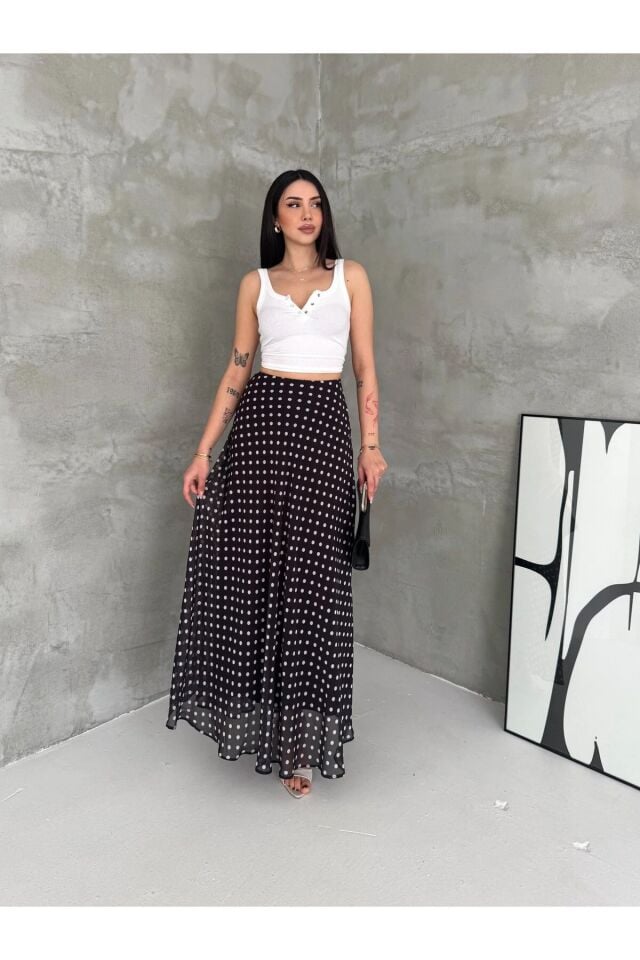 Kadın Puantiyeli Şifon Maxi Boy Etek - Yandan Fermuarlı Astarlı 6240 XL - SİYAH