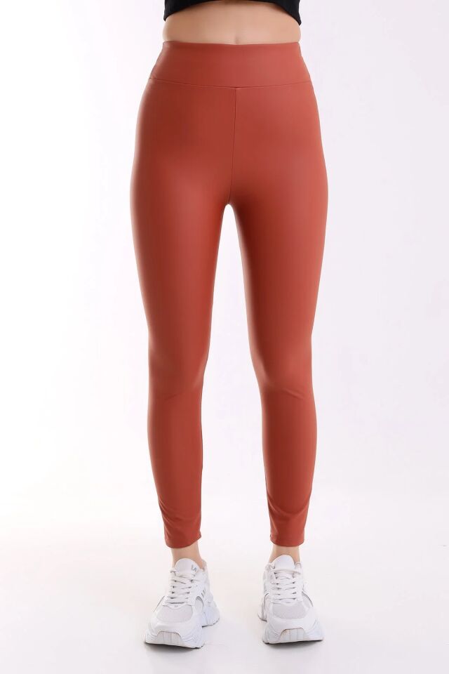 İçi Şardonlu Yüksek Bel Mat Suni Deri Tayt 1545 XS - KREMİT