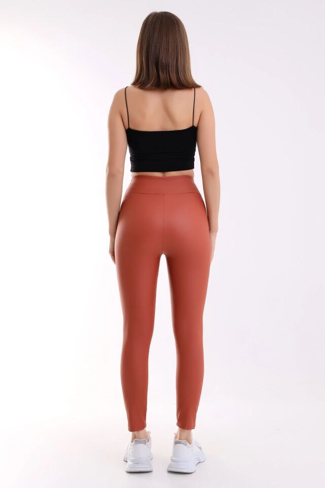 İçi Şardonlu Yüksek Bel Mat Suni Deri Tayt 1545 XS - KREMİT