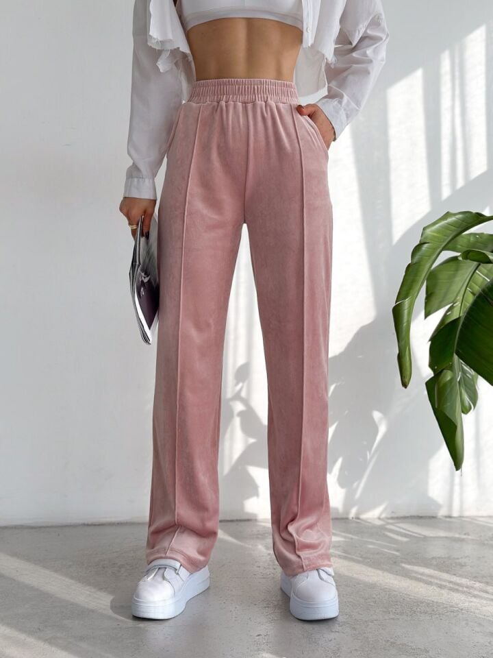 Kadın Geniş Paça Max Boy Kadife Pantolon XL - PEMBE