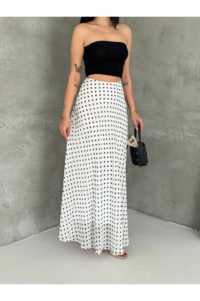 Kadın Puantiyeli Şifon Maxi Boy Etek - Yandan Fermuarlı Astarlı 6240 XL - BEYAZ
