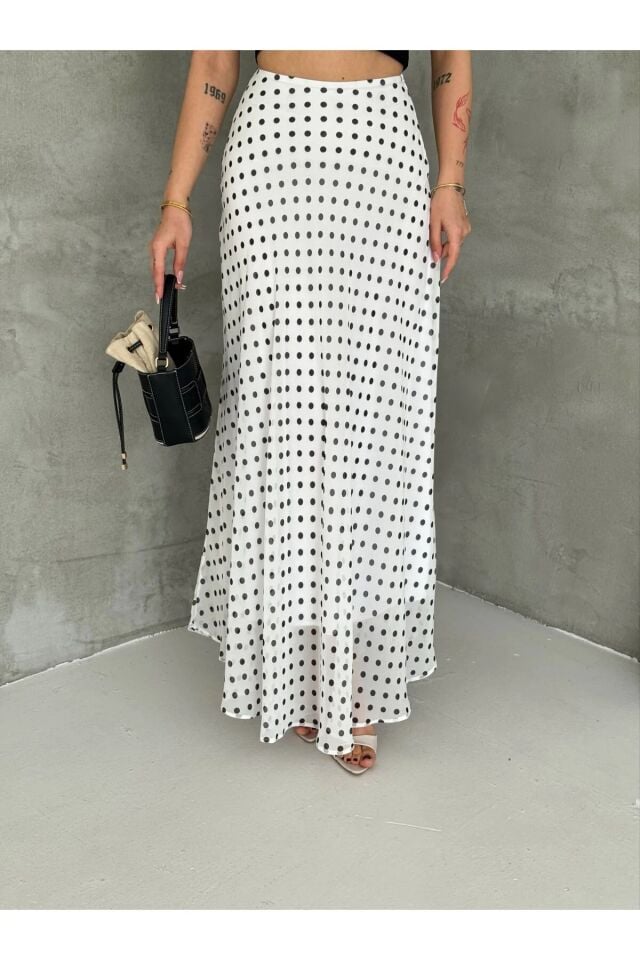 Kadın Puantiyeli Şifon Maxi Boy Etek - Yandan Fermuarlı Astarlı 6240 XL - BEYAZ