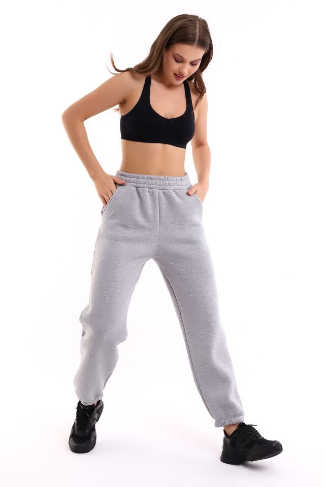 Kadın İçi Şardonlu 3'iplik  Jogger Kalın Kumaş Eşofman Altı M - GRİ