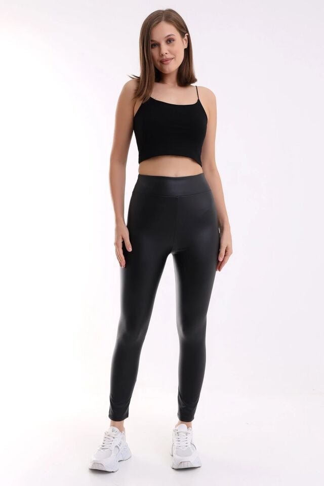 İçi Şardonlu Yüksek Bel Mat Suni Deri Tayt XL - SİYAH