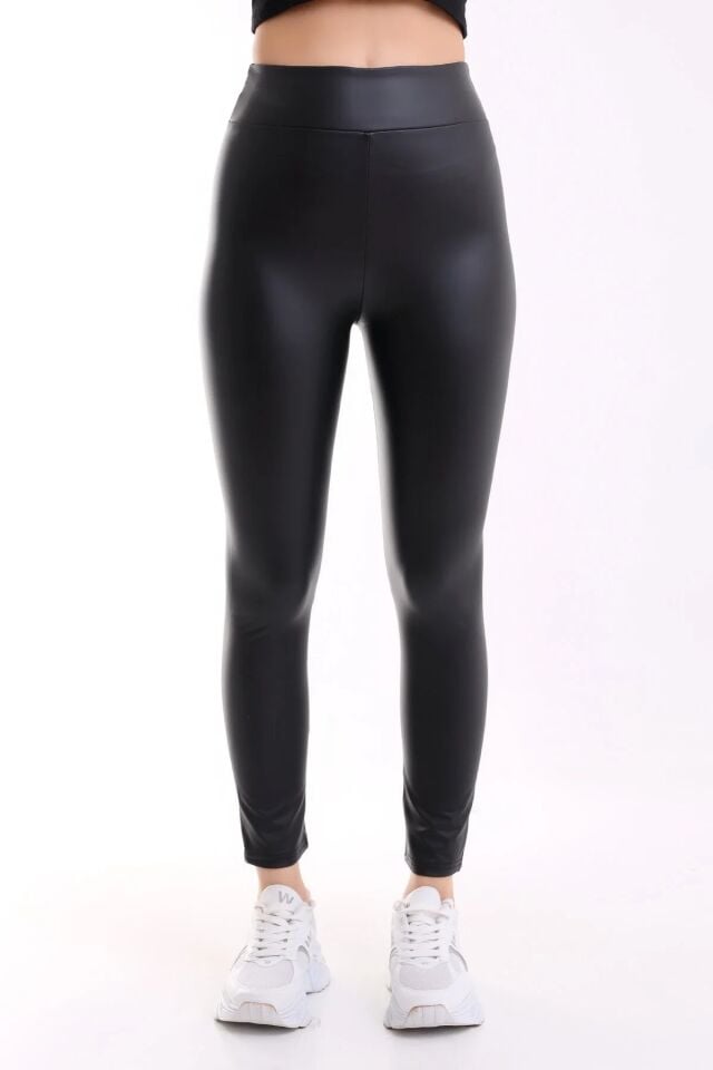 İçi Şardonlu Yüksek Bel Mat Suni Deri Tayt XL - SİYAH