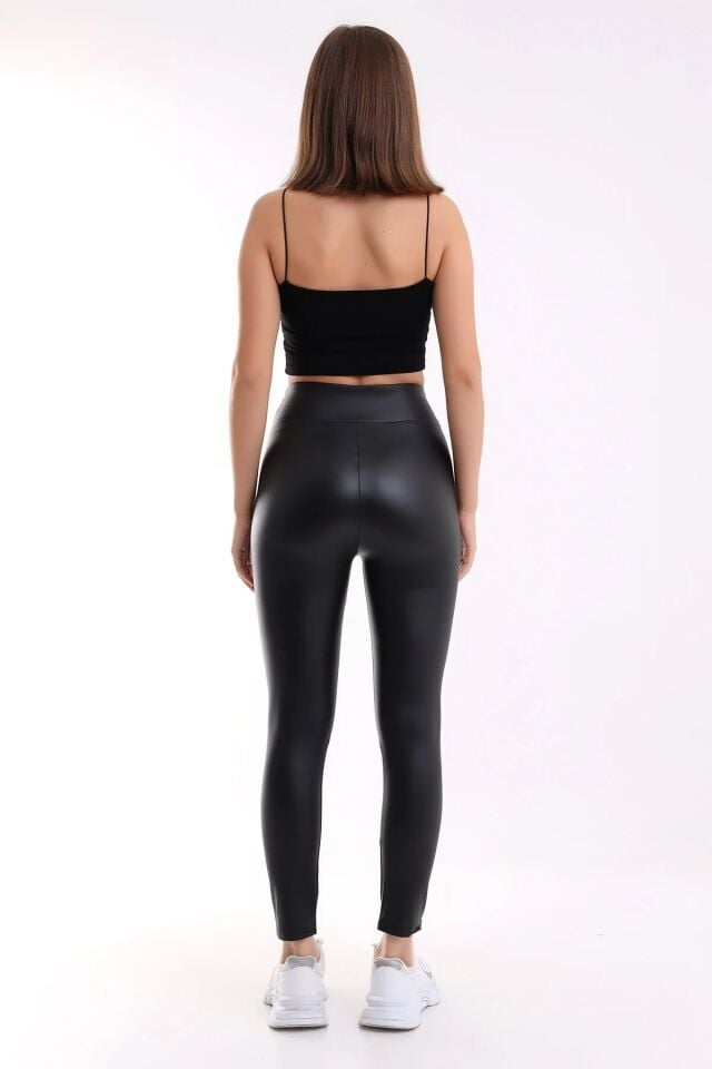 İçi Şardonlu Yüksek Bel Mat Suni Deri Tayt XL - SİYAH