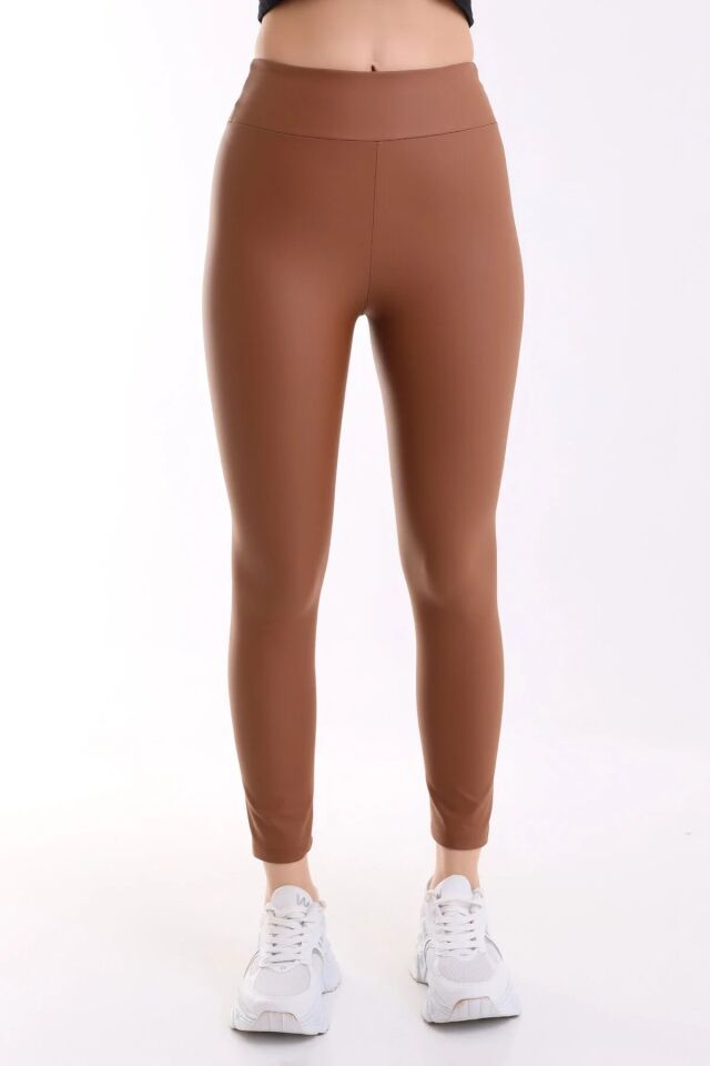 İçi Şardonlu Yüksek Bel Mat Suni Deri Tayt 1545 XS - KAHVERENGİ