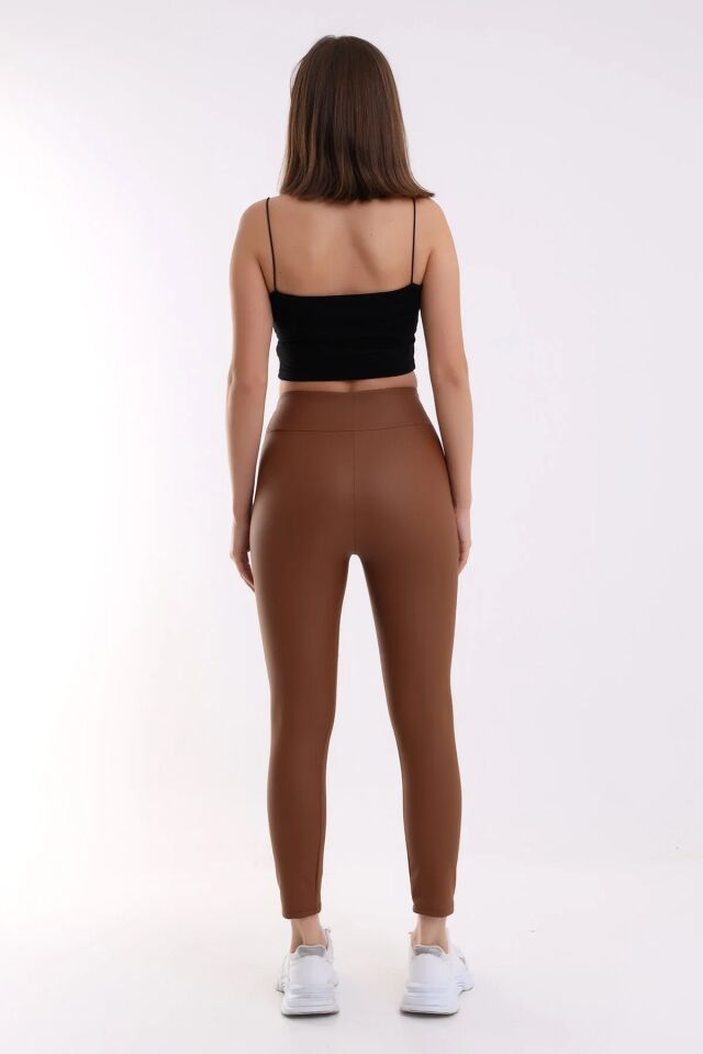 İçi Şardonlu Yüksek Bel Mat Suni Deri Tayt 1545 M - KAHVERENGİ