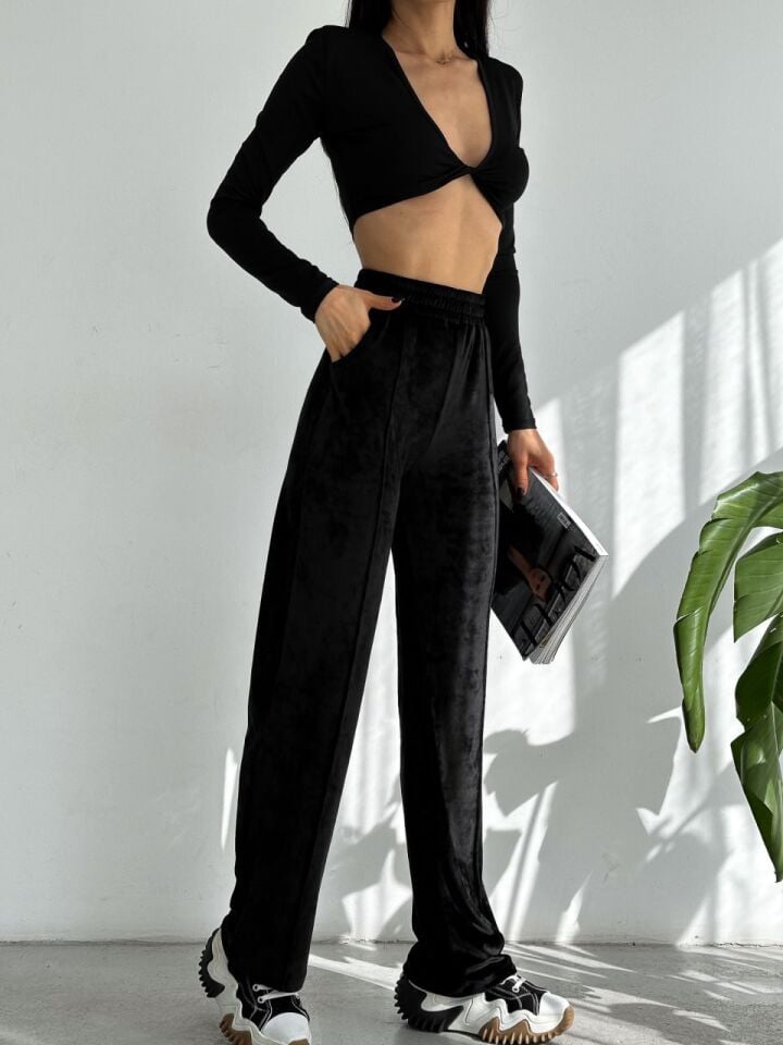 Kadın Geniş Paça Max Boy Kadife Pantolon 2251 XL - SİYAH