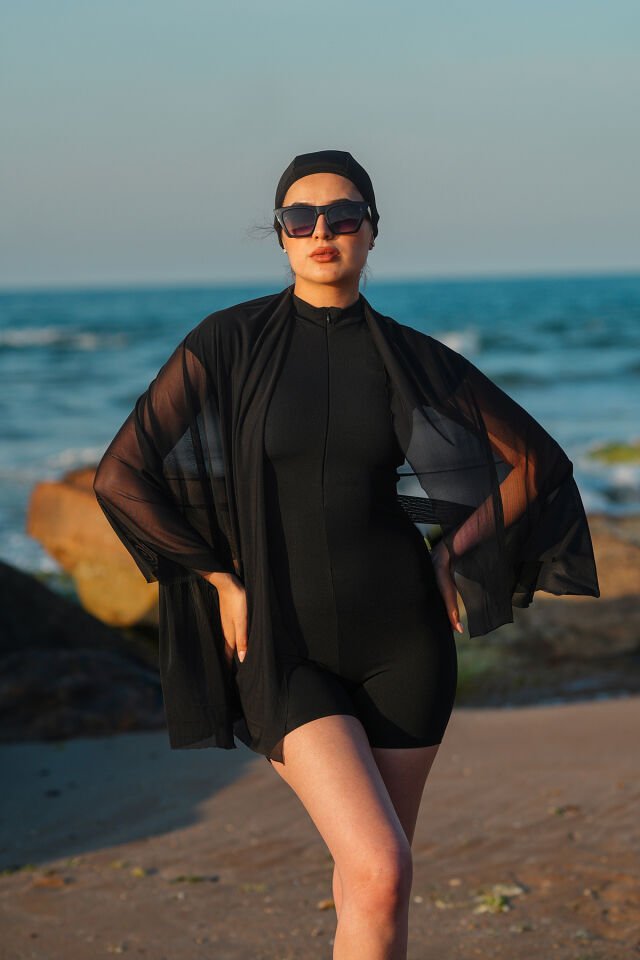 Kadın Kısa Tulum Boneli Tayt Model Tulum Mayo L - SİYAH