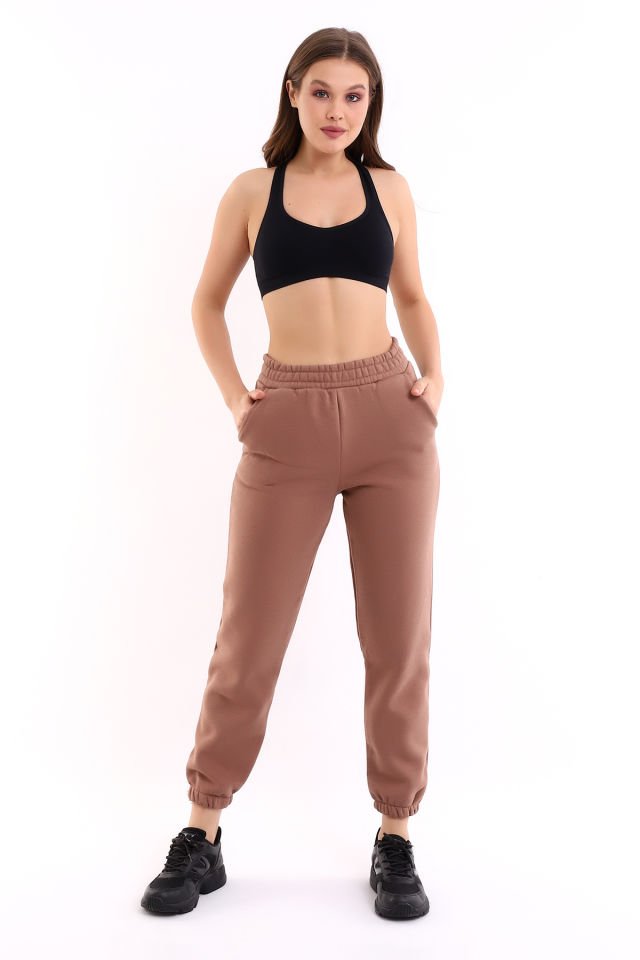 Kadın İçi Şardonlu 3'iplik  Jogger Kalın Kumaş Eşofman Altı S - SÜTLÜ KAHVE