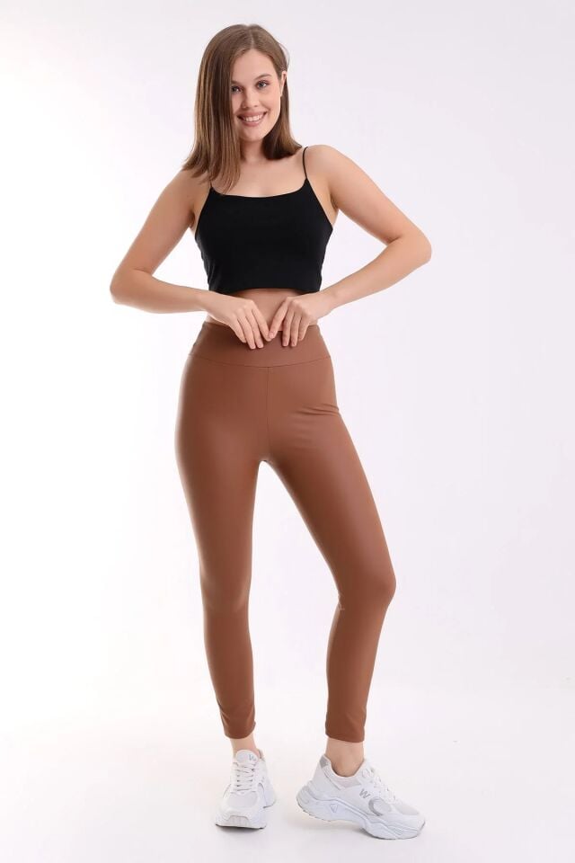 İçi Şardonlu Yüksek Bel Mat Suni Deri Tayt XL - KAHVERENGİ