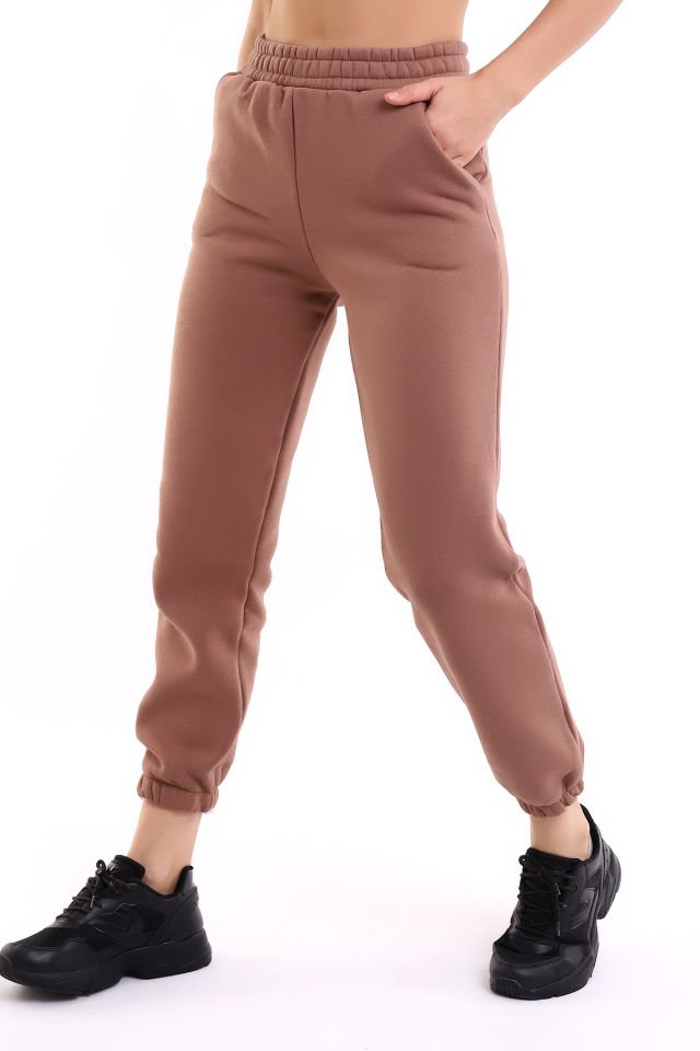 Kadın İçi Şardonlu 3'iplik  Jogger Kalın Kumaş Eşofman Altı M - SÜTLÜ KAHVE