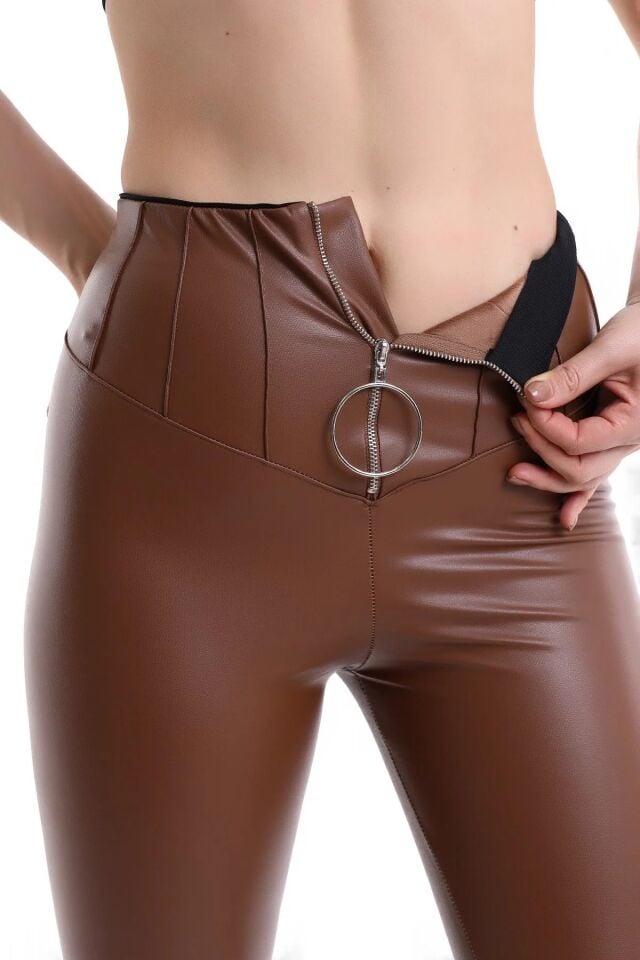 Fermuarlı Yüksek Bel Power Likra suni Deri Tayt L - KAHVERENGİ