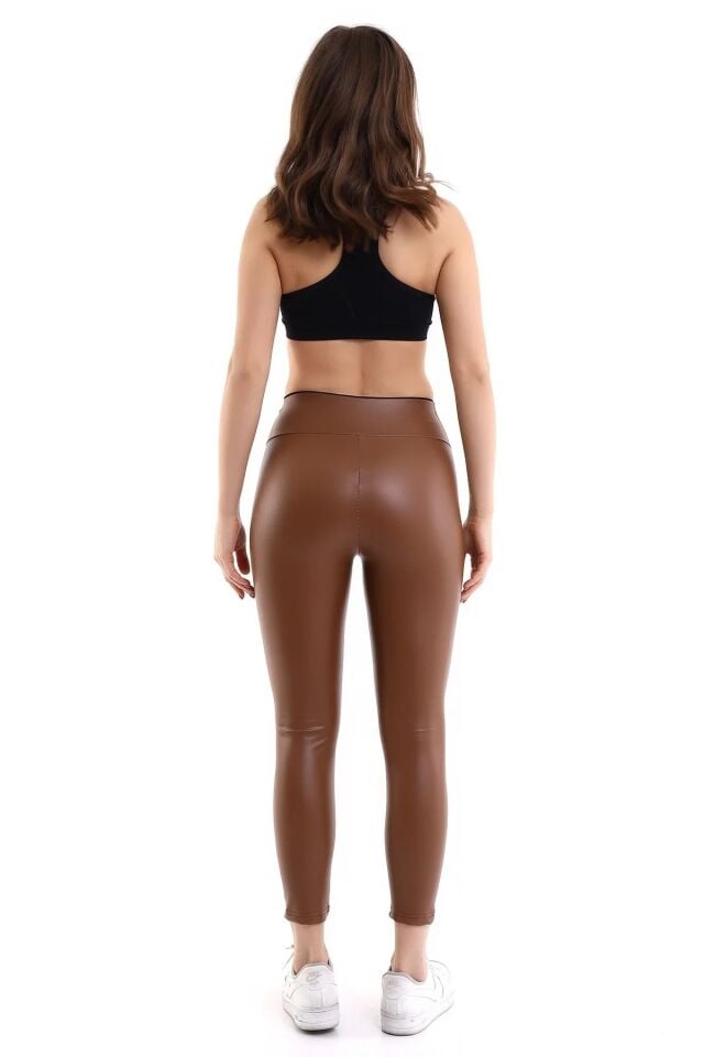 Fermuarlı Yüksek Bel Power Likra suni Deri Tayt L - KAHVERENGİ
