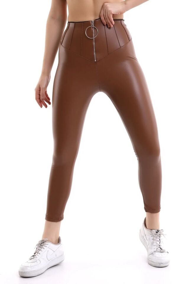 Fermuarlı Yüksek Bel Power Likra suni Deri Tayt L - KAHVERENGİ