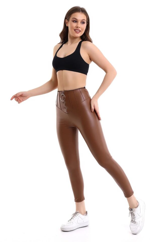 Fermuarlı Yüksek Bel Power Likra suni Deri Tayt L - KAHVERENGİ