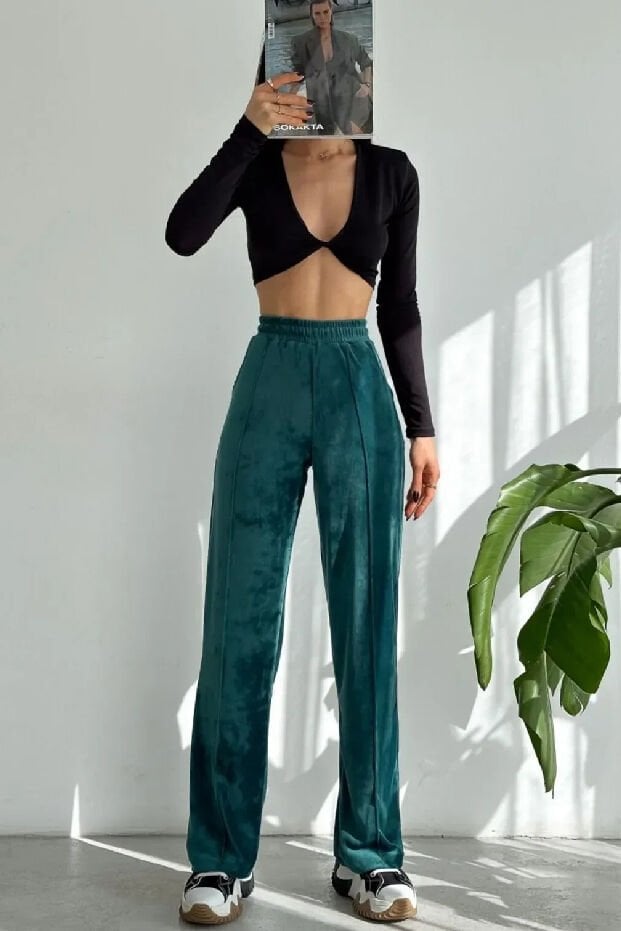 Kadın Geniş Paça Max Boy Kadife Pantolon 2251 2XL - PETROL YEŞİLİ