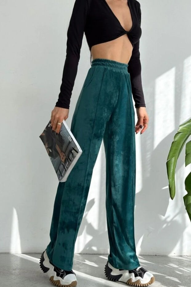 Kadın Geniş Paça Max Boy Kadife Pantolon 2251 2XL - PETROL YEŞİLİ