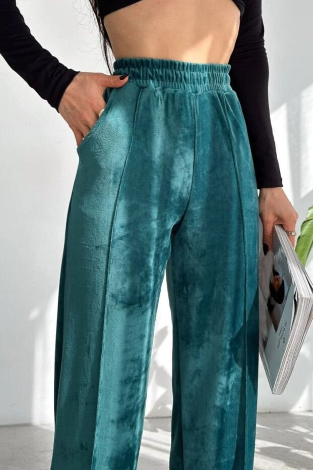 Kadın Geniş Paça Max Boy Kadife Pantolon 2251 2XL - PETROL YEŞİLİ